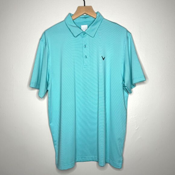 Callaway Mens Polo T-Shirt Large Aqua Blue Striped Golf Opti-Dri Outdoors Preppy - Picture 1 of 7
